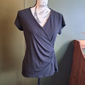 Tahari Black Short-Sleeve Faux-Wrap Top with Side Ruching